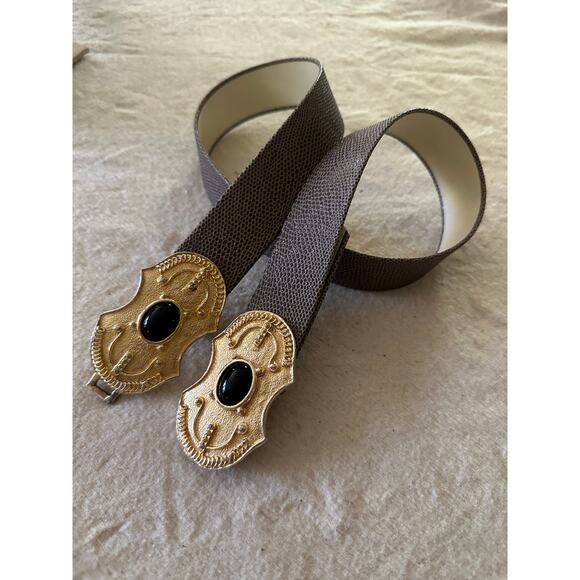 Vintage signed GAY BOYER belt gold removable buckle black cabochon snake leather main image 7